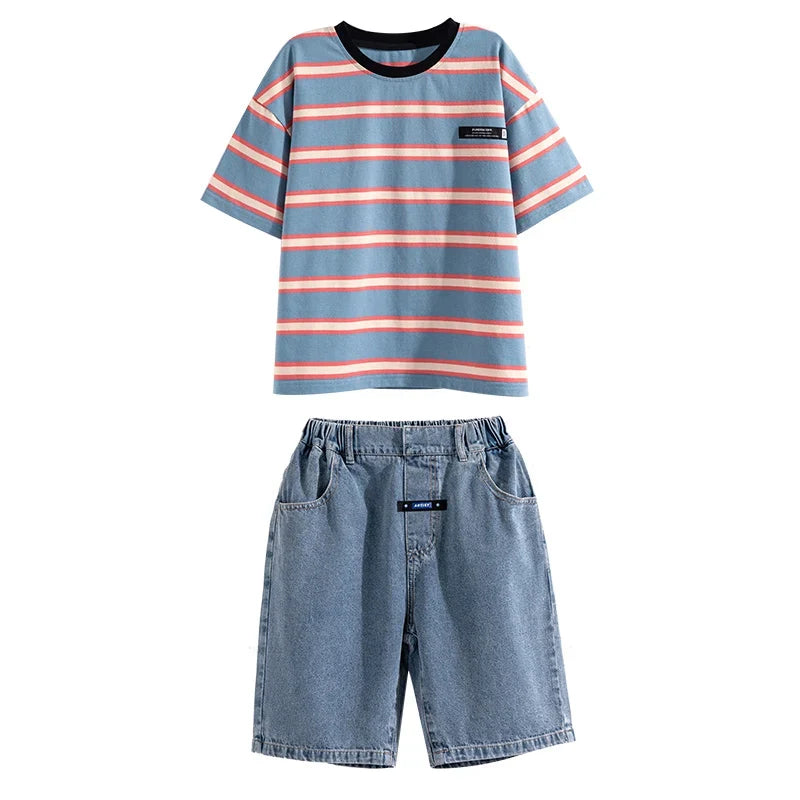 Tween Boy Summer Clothing Set Child Casual Cotton Stripe T-shirt & Denim Shorts 2 Piece Suit Teenage Kids Luxury Clothes Costume