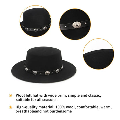 100% Wool Black Retro Felt Fedora Hats for Men Women Wide Brim Soft Church Panama Hat with Belt