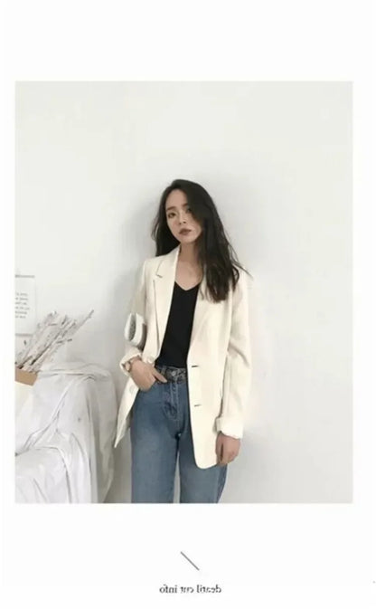 Elegant Casual Loose Long Sleeve Women's Small Suit Jacket Korean Style Spring Autumn Chic Polyester Fiber Button Decoration