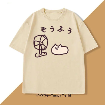 Cool Japanese Style Fan Cat T-shirt Women Funny Short Sleeve Tshirt Graphic T Shirts Summer Streetwear Pritned Tees