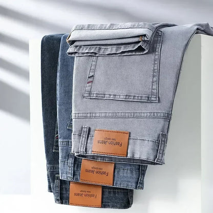 2024 Brand Thin or Thick Material Straight Cotton Stretch Denim Men's  Business Casual High Waist Light Grey Blue Jeans