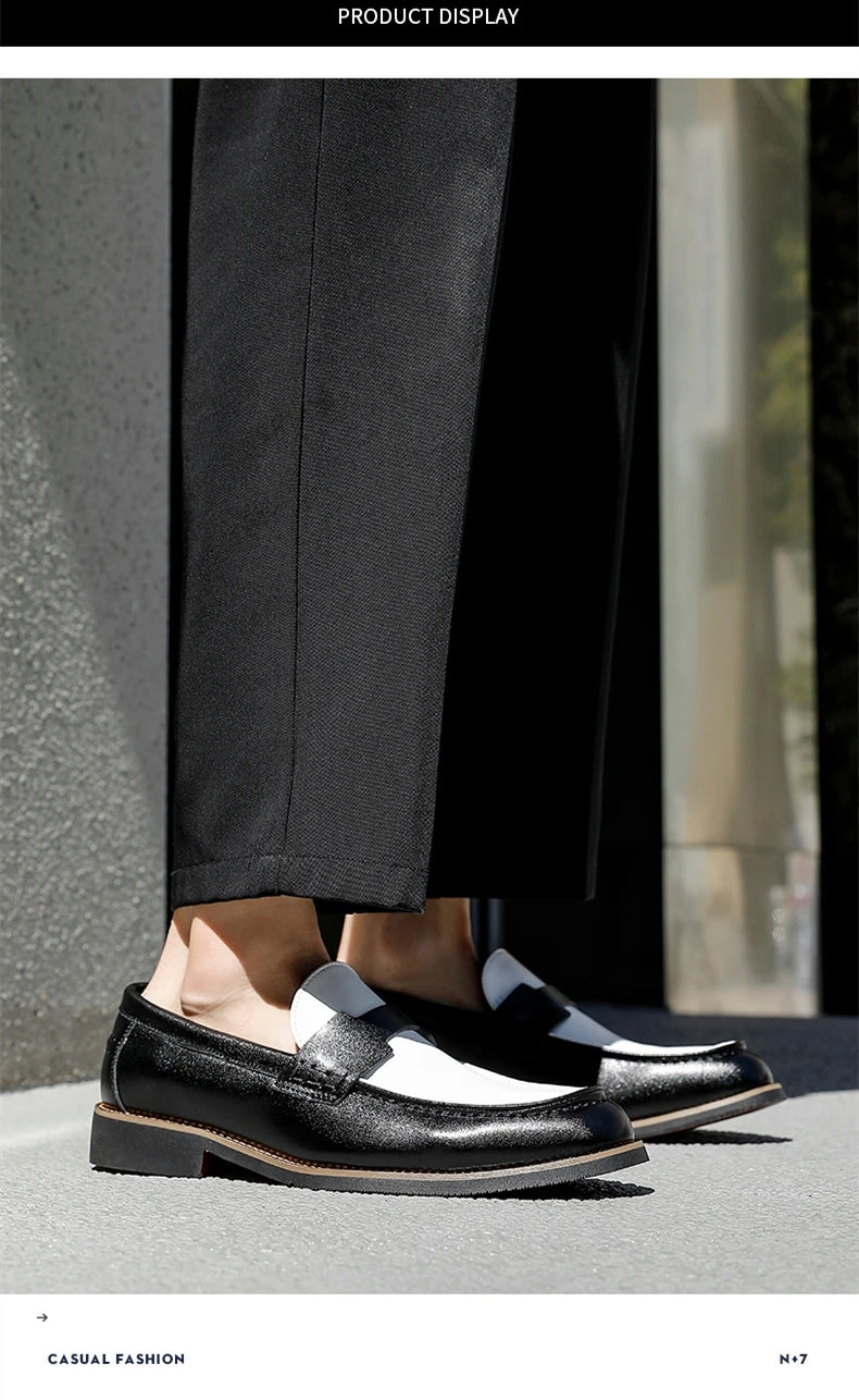 Luxury Brand Loafers Men's Black and White Color Leather Shoes Slip-on Fashion Soft-soled Casual Shoes Party Wedding Moccasin
