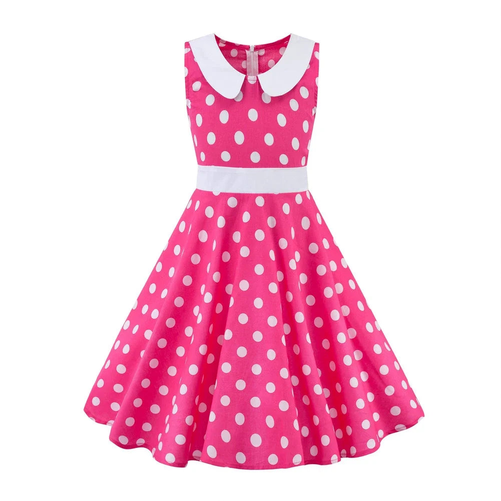 LPATTERN Girls' Vintage Rockabilly Dress Party Retro Polka Dot Floral Pattern A-line Dresses Pleated Skirt Knee-Length for 4-10Y
