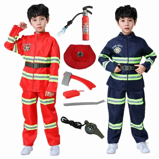 Kid Red Firefighter Costume with Reflective Stripes Zipper Suit Includes Fire Toy Set for Holiday Cosplay Dress Up Party Cosplay