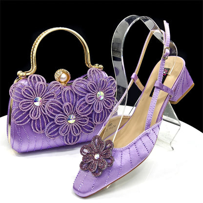 2026 Elegant Gold Color Women's Heels Handbag Set Rhinestone Embellished Designer Shoes for Weddings Special Events