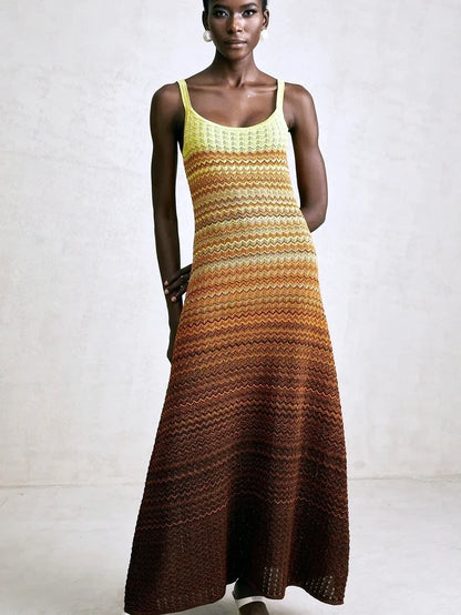 Luxury Brand Design Women Elegant Boho African Golden Sequins Maxi Sleeveless Evening Party Vacation Dress Knitted Lady Clothing