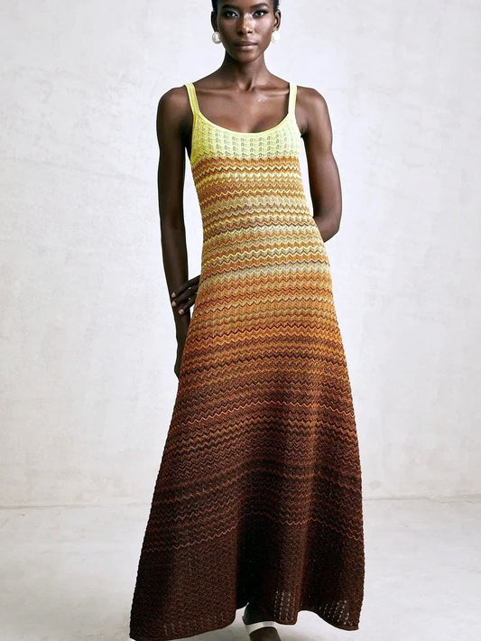 Luxury Brand Design Women Elegant Boho African Golden Sequins Maxi Sleeveless Evening Party Vacation Dress Knitted Lady Clothing