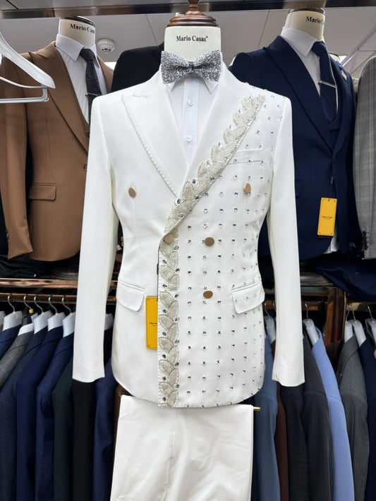 Gorgeous Beaded Double Breasted Men's Tuxedo 2 Pieces Jacket Pants Dancing Wear Peak Lapel Suit Set For Men Wedding Groom Sets