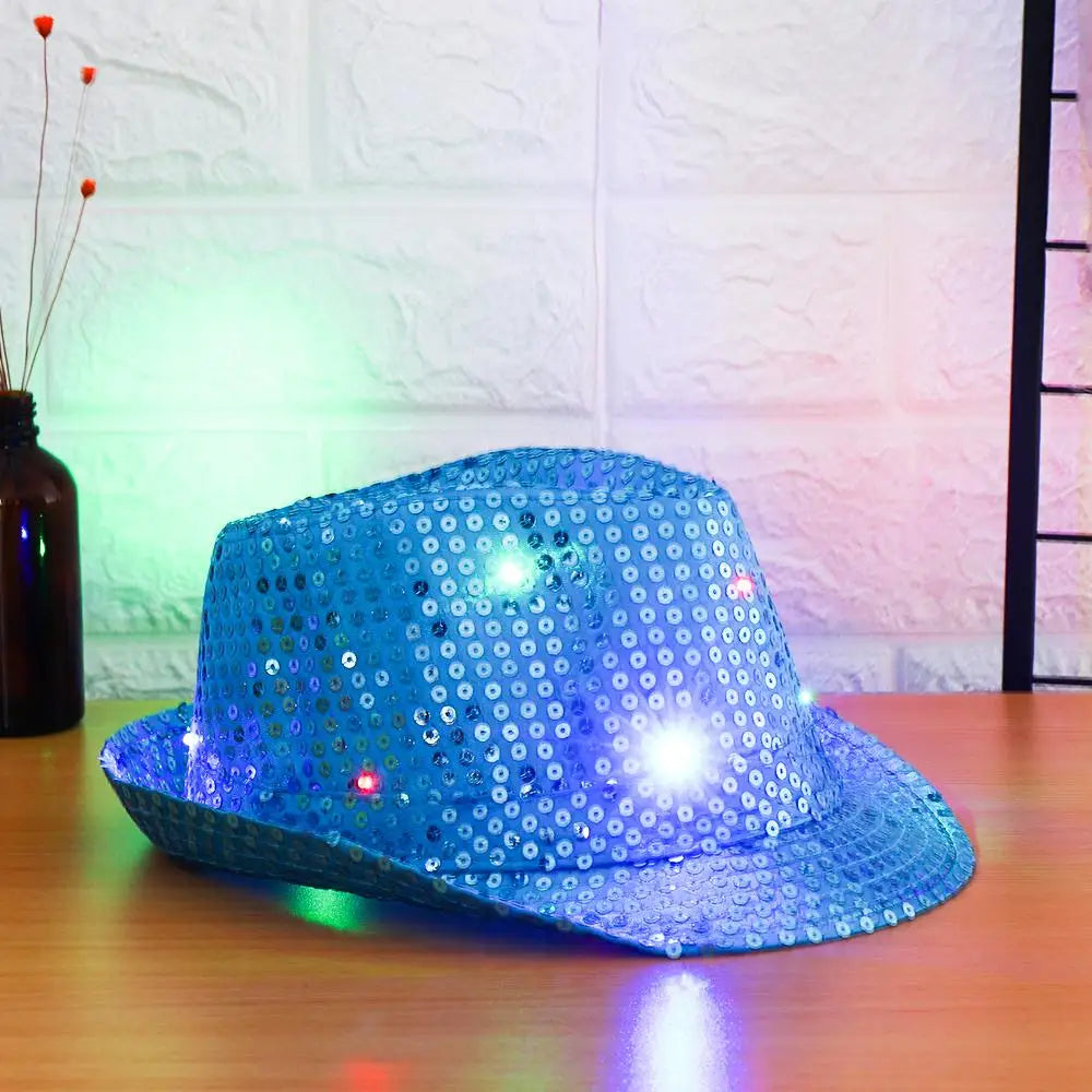 Unisex Light Up Flashing Led Fedora Trilby Jazz Hat Panama Cap Sequin