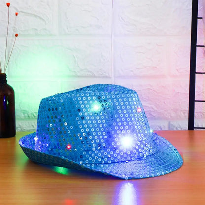 Unisex Light Up Flashing Led Fedora Trilby Jazz Hat Panama Cap Sequin