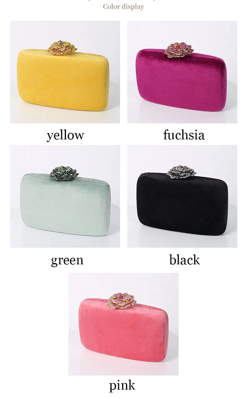 Diamonds Flower Velvet Evening Bag Women New Elegant Chain Banquet Dress Clutch Bag Ladies Wedding Dinner Party Box Small Purses