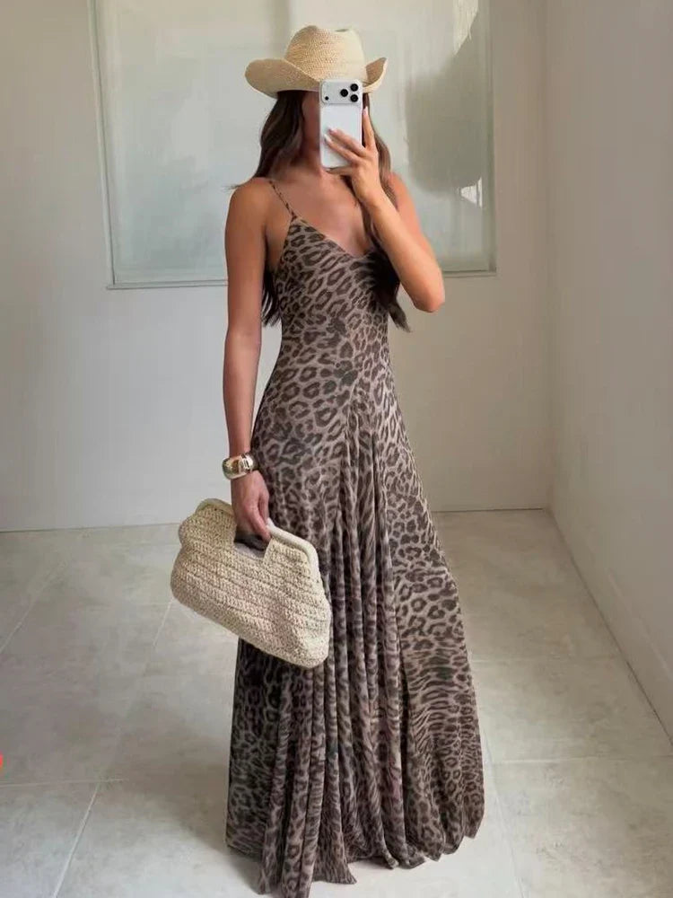 Ladies Sexy Summer Dress Women Vintage Leopard Print Sling Dress Party Suspender Sleeveless Backless Slimming Maxi Dress Female