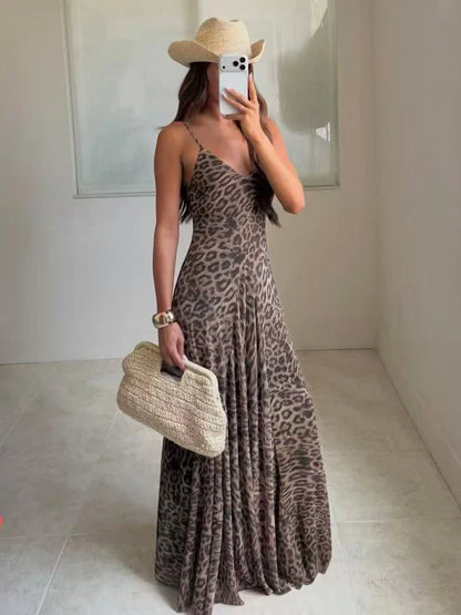 Ladies Sexy Summer Dress Women Vintage Leopard Print Sling Dress Party Suspender Sleeveless Backless Slimming Maxi Dress Female