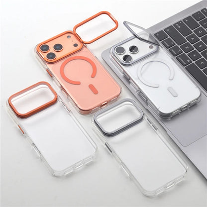 For Magsafe Folding Lens Holder Clear Magnetic Case For iPhone 17Pro Max 15 16Pro 17 With Camera Tempered Glass Hard Back Cover