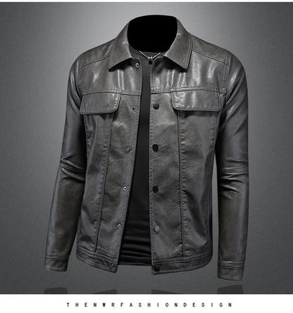 2024 Autumn and Winter New Men's Fashion Handsome with Solid Color Boutique Lapel Motorcycle Leather Coat Slim Fashion  M-5XL