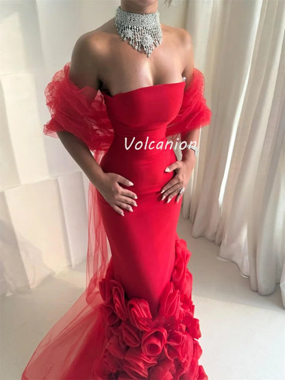 Customized High Quality Intricate Jersey Handmade Flower Pleat Column Off-the-shoulder Long Dresses Bespoke Occasion Dresses