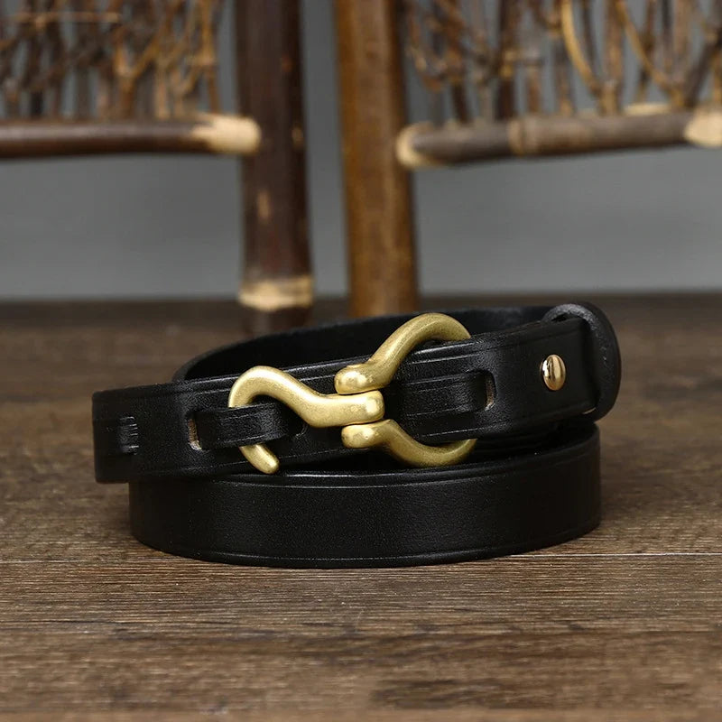 2.0 CM Ladies Pure Cowhide High Quality Genuine Leather Hook Belts for Women Brand Strap Brass Buckle Jeans Cowboy Thin Belt