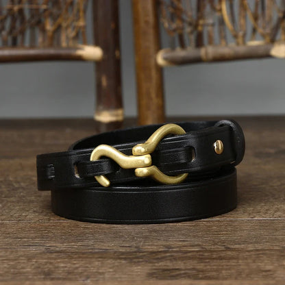 2.0 CM Ladies Pure Cowhide High Quality Genuine Leather Hook Belts for Women Brand Strap Brass Buckle Jeans Cowboy Thin Belt