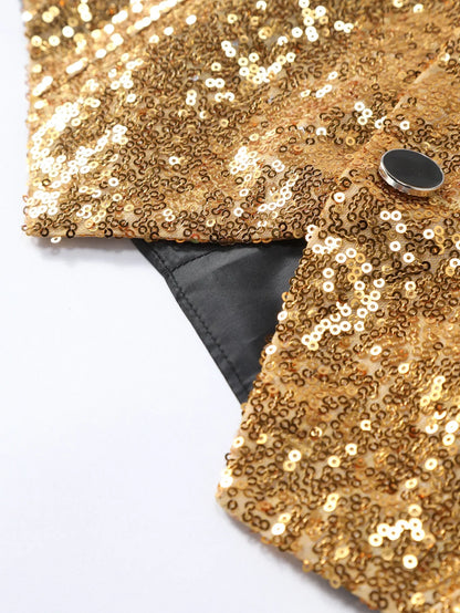 Men's Gold Sleeveless Blazer, Round Sequin-embellished Blazer Jacket, Perfect for Weddings, Parties, DJ Events, and Nightclubs.
