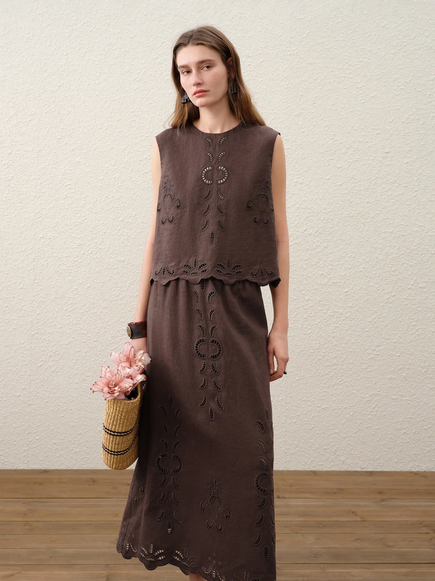 Summer Women Linen Two Piece Set Cut-Out Embroidered Sleeveless Top Midi Skirt Boho Beach Vacation Style