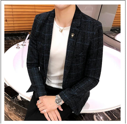 Men Checked Suit Jacket 2023 Spring New Linen Slim Suit Jacket Fashion One-button Business Casual Jacket Large M-5XL Suit Jacket