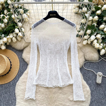 Autumn Streetwear Tops Suits Women O Neck Full Sleeves Thin Sheer Lace Shirts+Sleeveless Outerwear Ruffles Tank Top