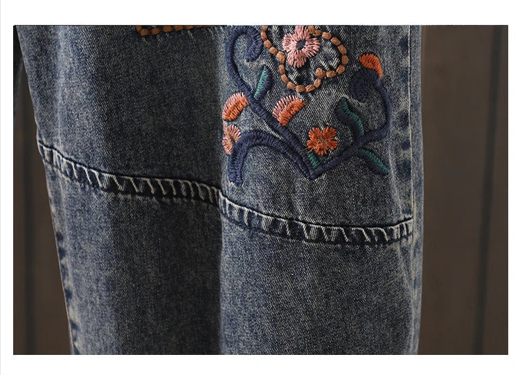 Fashion Y2K Women's Jeans plus Size Elastic Waist patch embroidery print Harem Pants Autumn Vintage Loose Ripped Denim Pants
