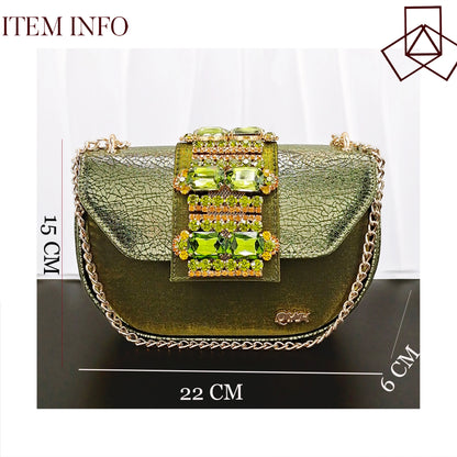 Newest Italian Design Fashion Comfortable Olive Color Peep Toe Party Wedding or Work Women's High Heels with Diamond Oval Bag