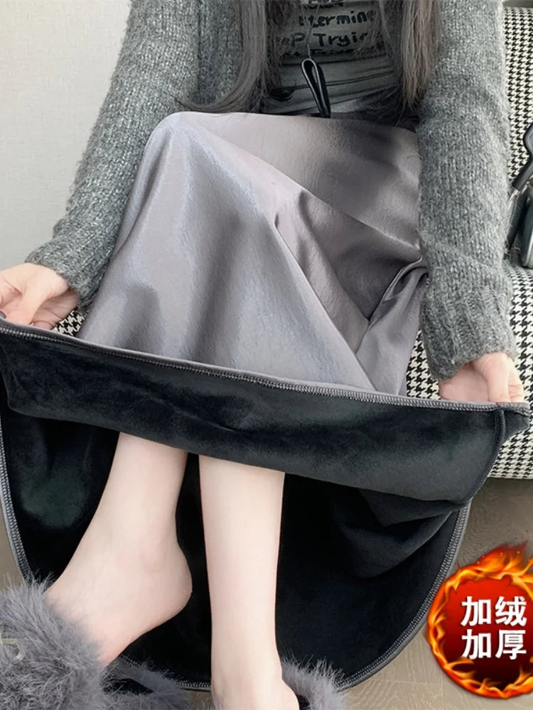 New Autumn Winter Solid Satin Silk Mermaid Skirt Women Fashion High Waist Office Ladies Work Warmth Party Long Maxi Skirt