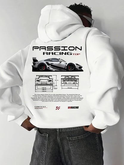 Popular digital pattern men's hooded sweatshirt with car-themed design, American-style casual sports long-sleeved shirt