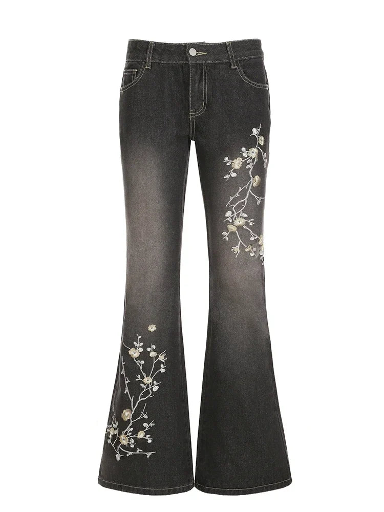 Weekeep Floral Embroidery Jeans Vintage 2000s Low Rise Flared Jeans Women Retro y2k Baggy Denim Pants High Street Basic Trousers