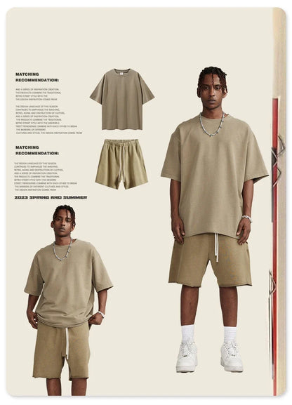 New Summer Men Retro Washed Shorts Unisex Drawstring Loose Edge 420gsm Solid Knee Length Cotton Pants Streetwears HY0589