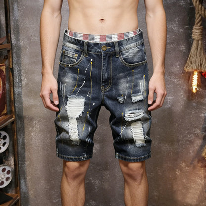 Men's summer ripped denim shorts, loose straight-cut, splashed ink design, casual fashion, vintage style, street hip-hop shorts