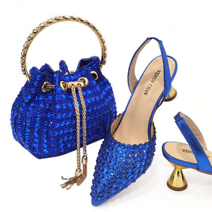 Shoes for Women High Heels 2023 Pointed Luxury Designer Colorful Stones Evening Party Matching Shoes and Bags Sets