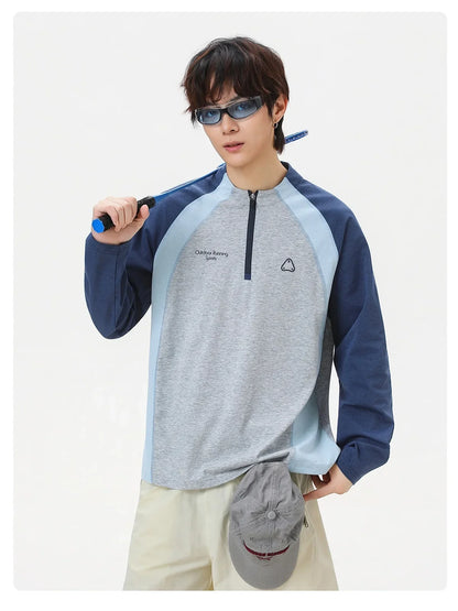 Men's Retro Colorblock Raglan Sleeve Long Sleeve T-Shirt – Loose Fit Half-Zip Athletic Top with Moisture-Wicking Fabric