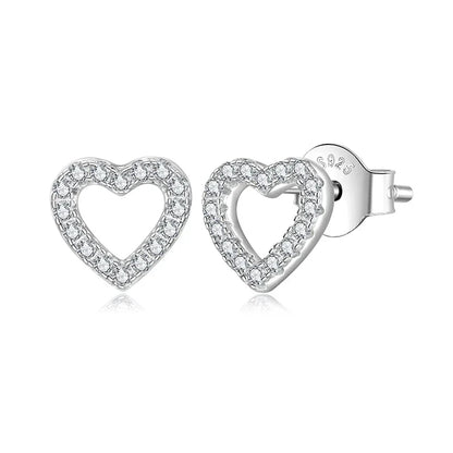 Hollowed Heart Moissanite Stud Earrings, Full Enternity Hypoallergenic Earrings D Color Round Cut Lab Diamond for Women