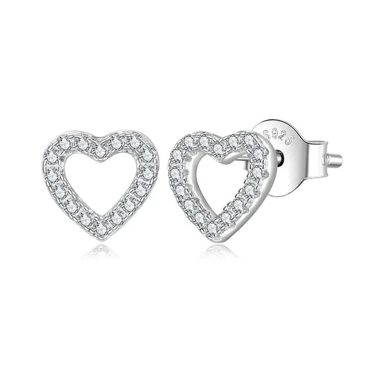 Hollowed Heart Moissanite Stud Earrings, Full Enternity Hypoallergenic Earrings D Color Round Cut Lab Diamond for Women