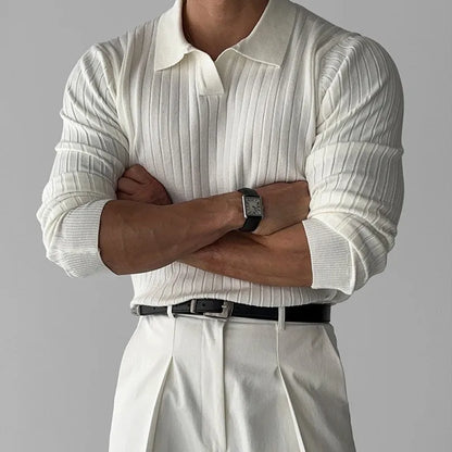Men's Fashion Luxury V-neck Knitted Jacquard Polo Shirt Solid Color Long-sleeved Korean Popular Leisure Knitwear 2025 New Autumn