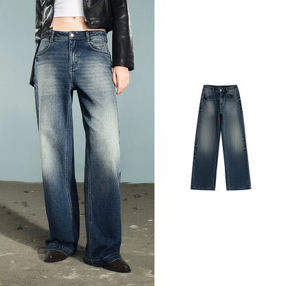 Women Denim Jeans 2025 Autumn New Lycra Stretch Washed Wide Leg Straight Long Pants