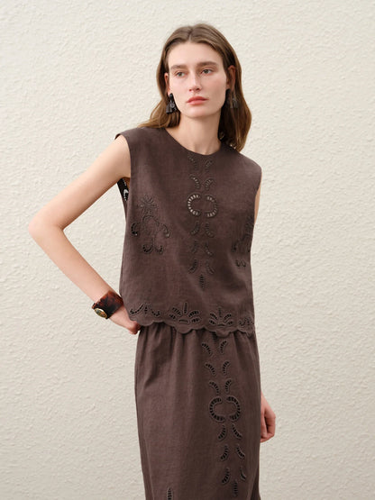 Summer Women Linen Two Piece Set Cut-Out Embroidered Sleeveless Top Midi Skirt Boho Beach Vacation Style
