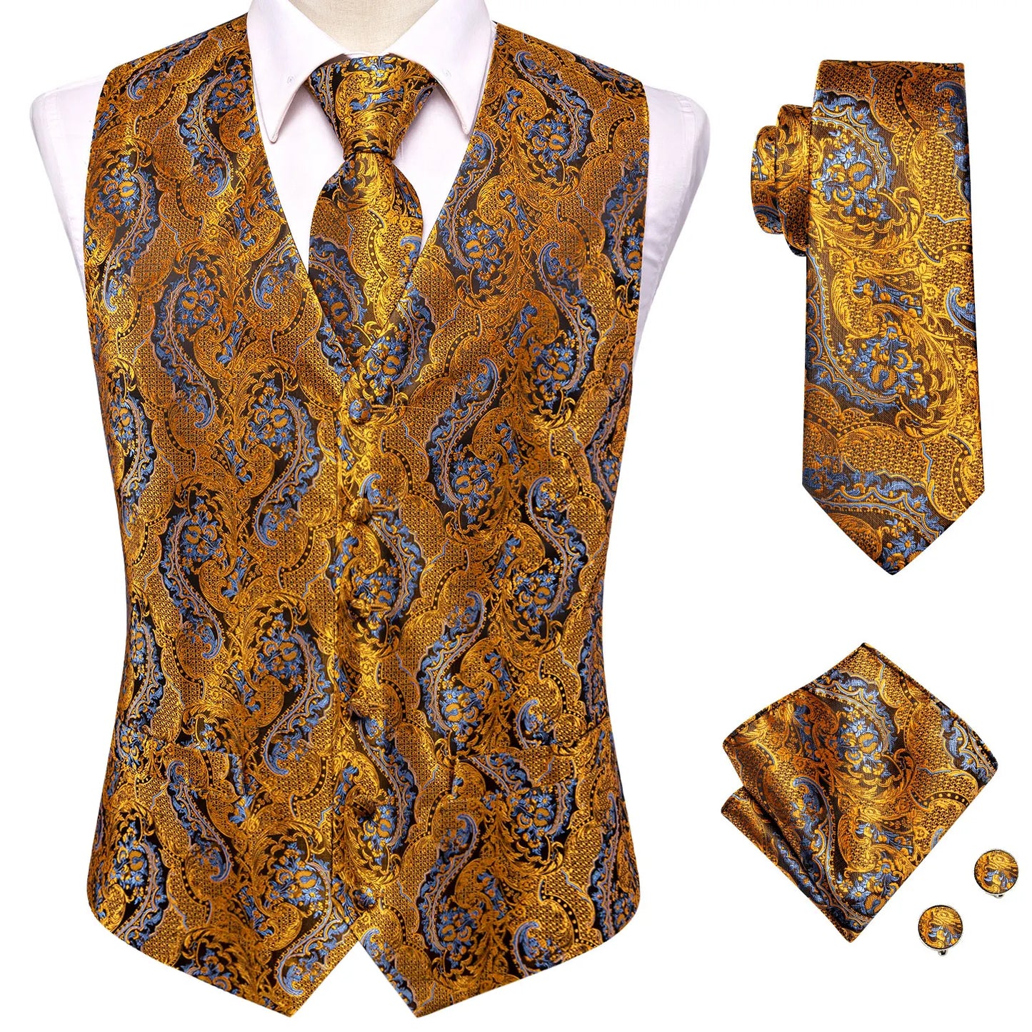 Vest for Men Gold Suit Vest Floral Waistcoat Summer Vest Tuxedo Paisley Tie Set Cufflinks for Wedding Business Hi-Tie WJ-0008