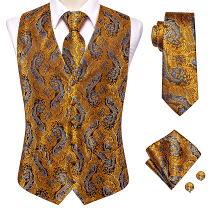 Vest for Men Gold Suit Vest Floral Waistcoat Summer Vest Tuxedo Paisley Tie Set Cufflinks for Wedding Business Hi-Tie WJ-0008