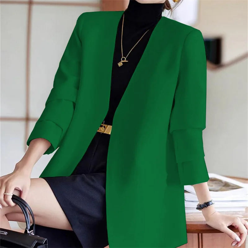 Fashionable Versatile Spring Autumn Women's Blazer Jacket Korean Style Street Style Long Sleeve Suit Coat Pure Color Commute...