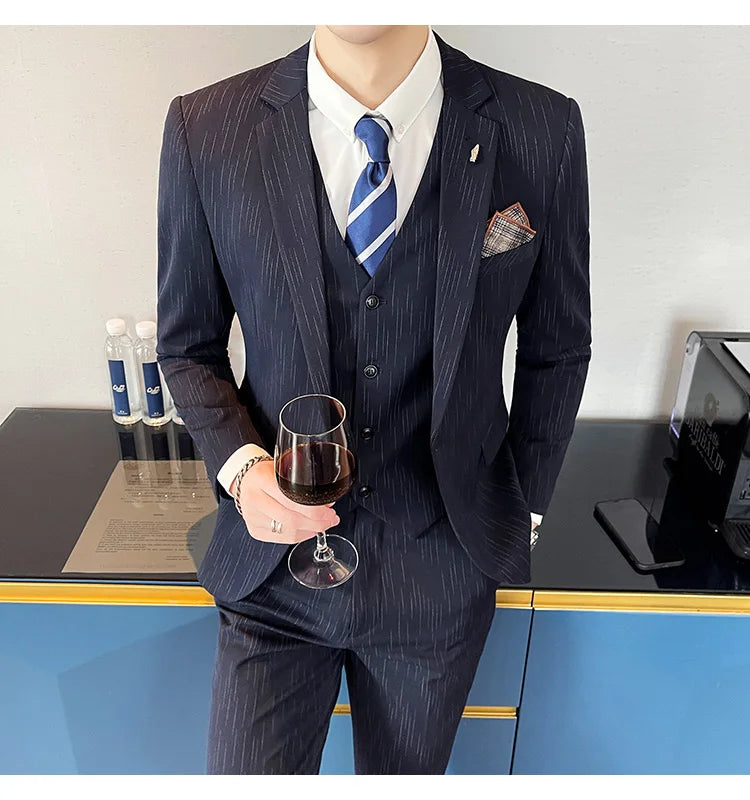 ( Blazer + Vest + Pants ) High-end Formal Casual Business Striped Fashion Men's 3 Piece Suit Groom Wedding Dress Suit