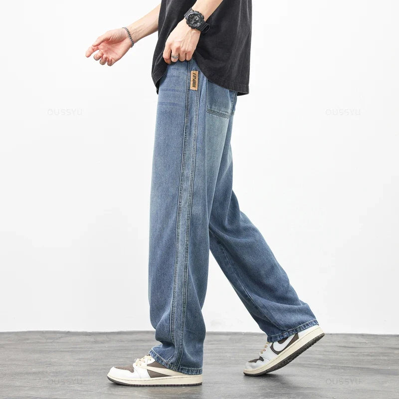 Spring Autumn High Quality Soft Lyocell Fabric Jeans Men Loose Wide Leg Pants Elastic Waist Casual Trousers Plus Size 28-40