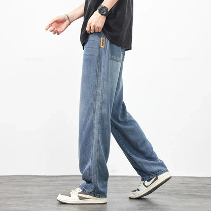 Spring Autumn High Quality Soft Lyocell Fabric Jeans Men Loose Wide Leg Pants Elastic Waist Casual Trousers Plus Size 28-40