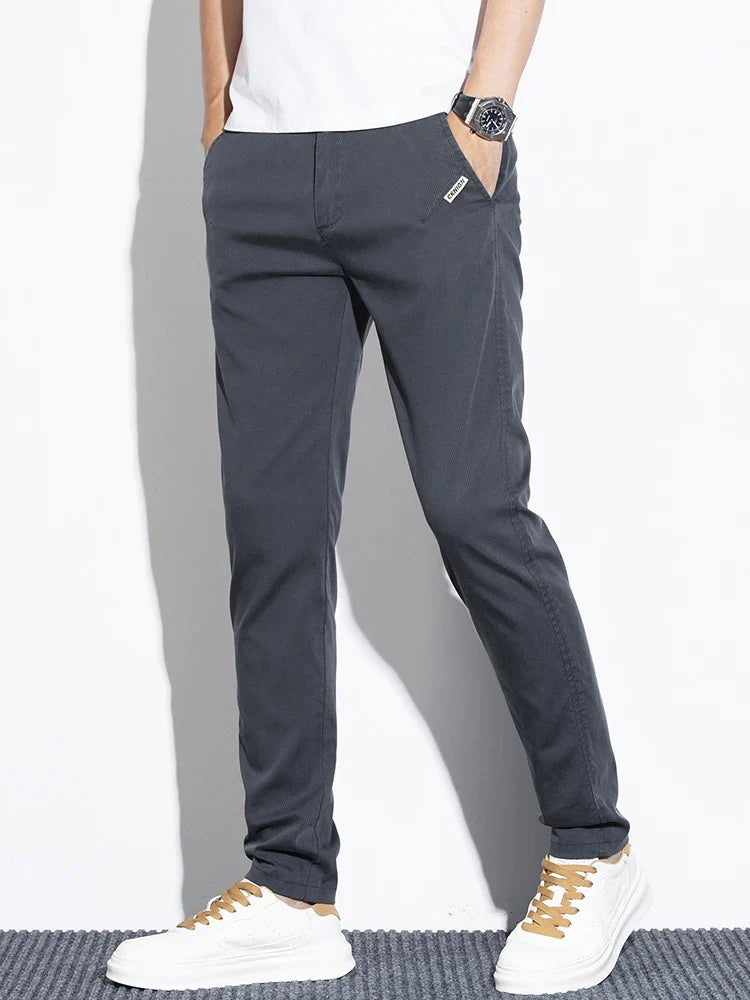 Thin Men's Pants Spring Summer Straight Casual Pants Lyocell Fabric Fashion Slim Stretch Korean Trousers Solid Color 2025 New