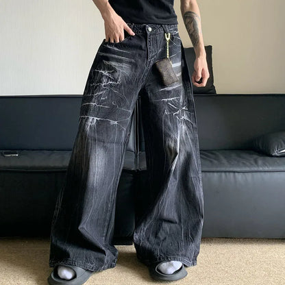Autumn Winter Korean Vintage Jeans Lightning Pattern Design Men'S Loose Straight Leg Pants Casual Fashion Black Pants