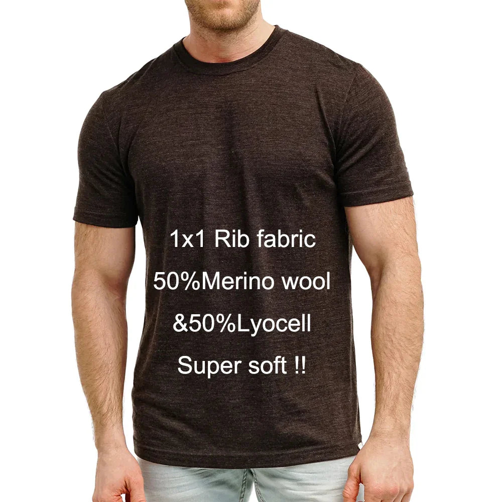 Men's 100% Superfine Merino Wool T-Shirt Base Layer Wicking Breathable Quick Dry Anti-Odor No-itch Comfortable Fit Size
