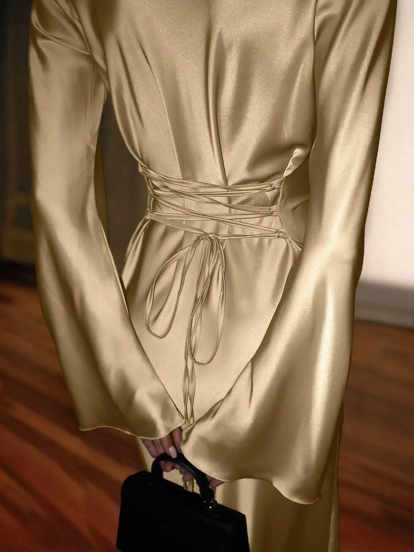 Women's Bespoke Satin Maxi Dress with Corset Waist Tie Classic Round Neck & Dramatic Flared Sleeves Luxury Evening Dress